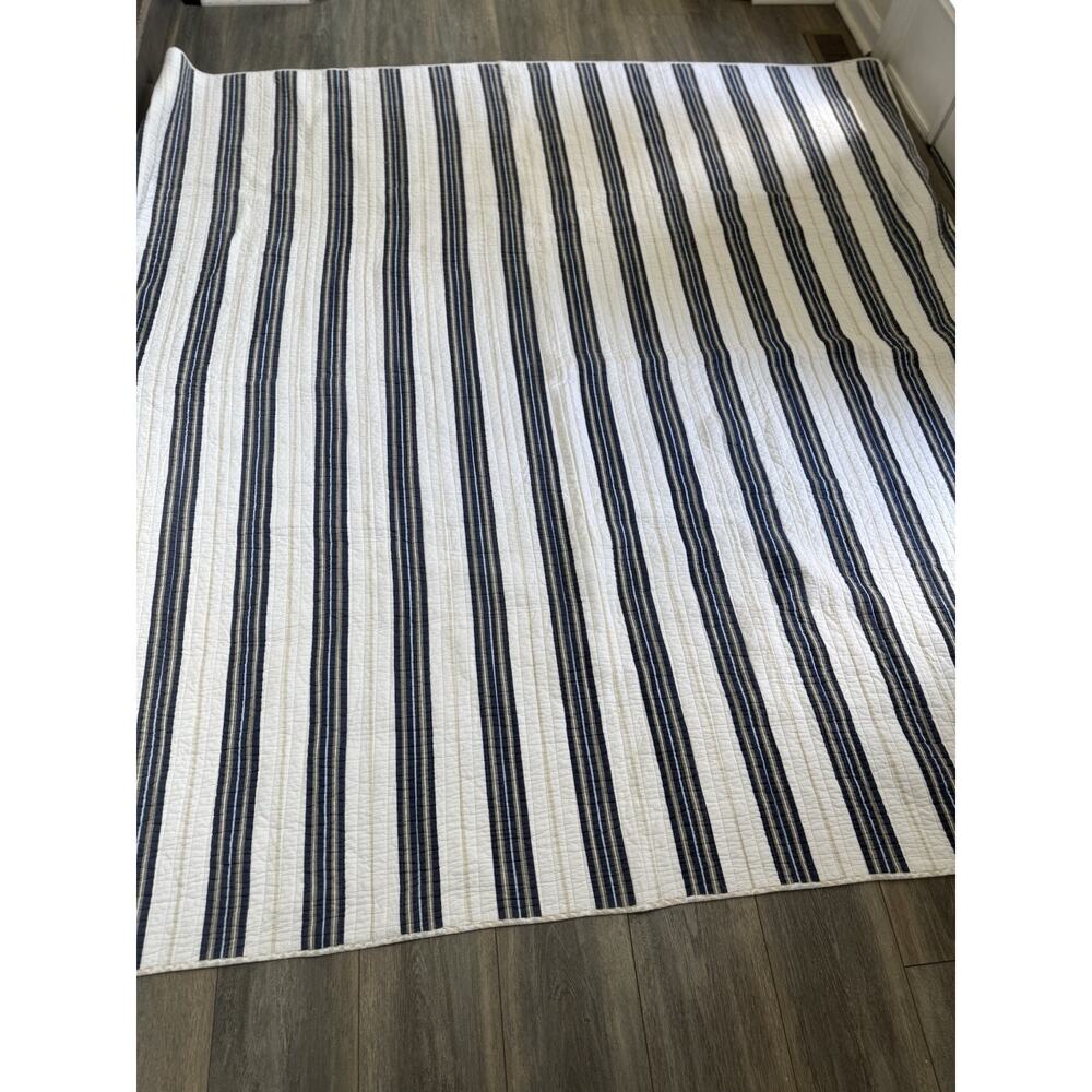 Cotton Striped Coastal Quilt 84”x85” Reversible Blue Beige Full Queen Cottage